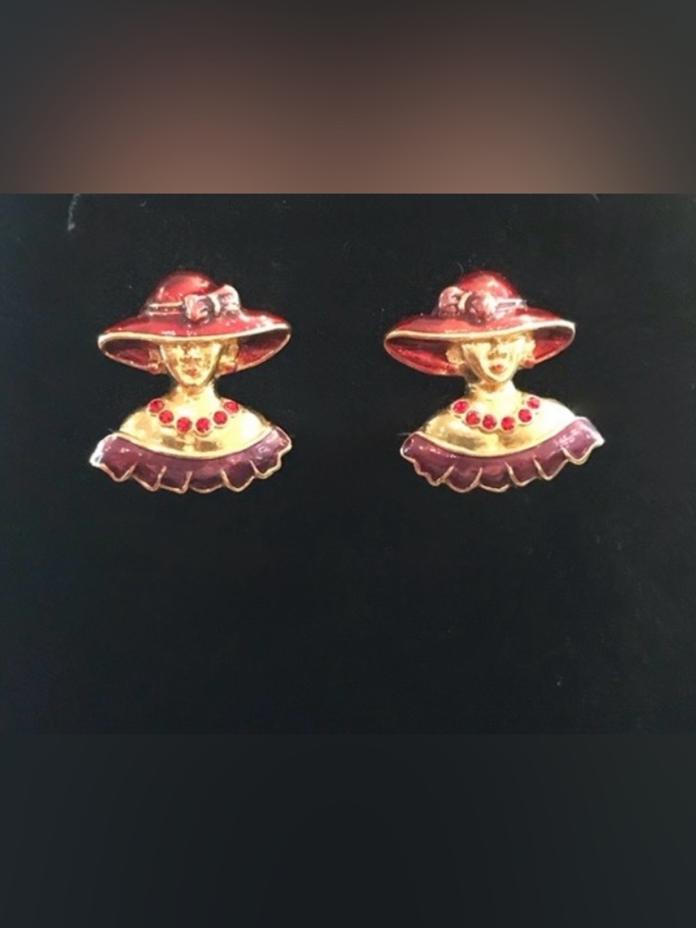 Vintage RED HAT SOCIETY Earrings-Gold-Tone w/ Purple & Red Enamel